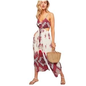 Free People Bella Floral Cutout Jumpsuit Boho Flowy White Red Size Medium